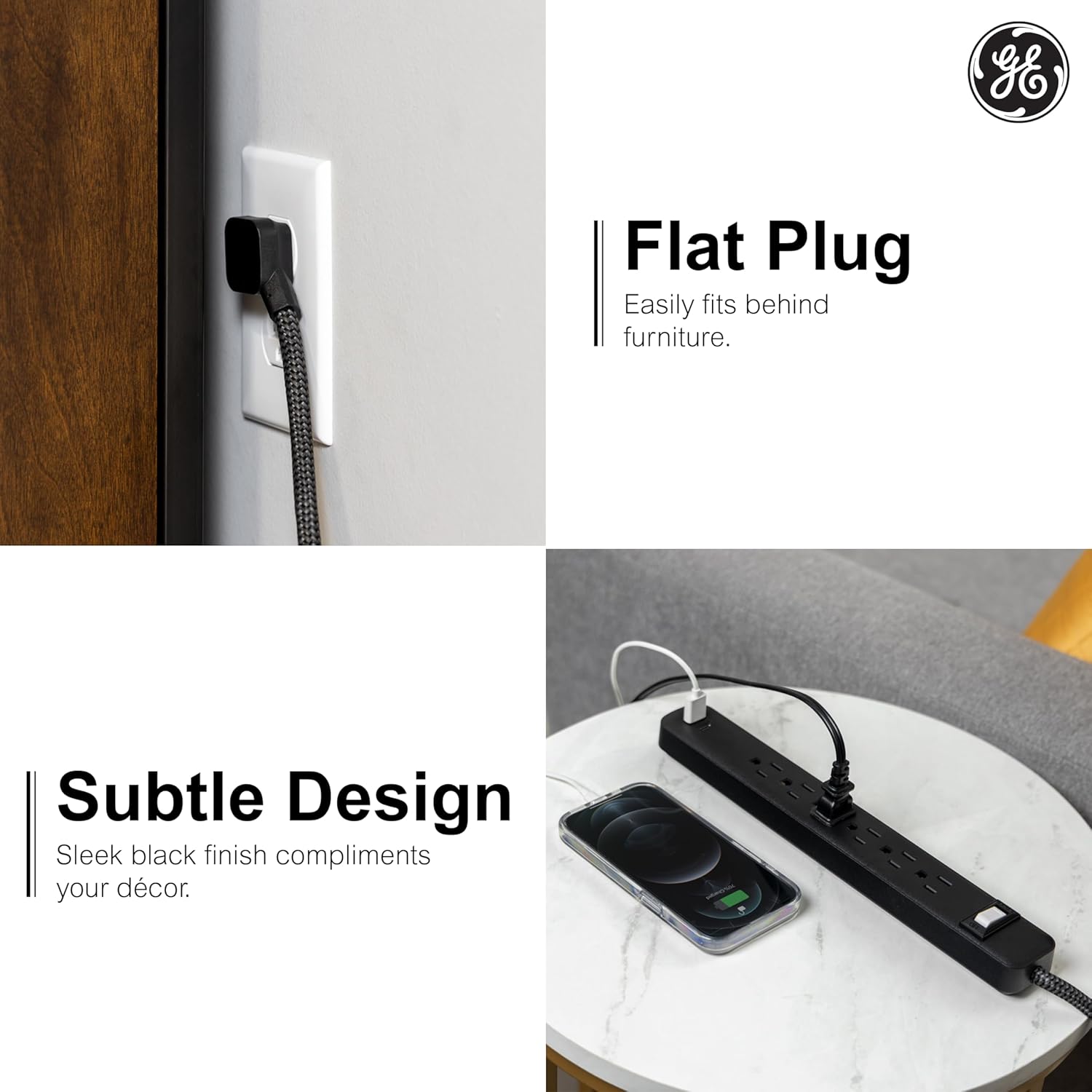 GE 6-Outlet Power Strip with USB, 1 USB-A, 1 USB-C, Outlet Extender, 6 Ft Braided Extension Cord, Flat Plug, Charging Station, Black, 82595